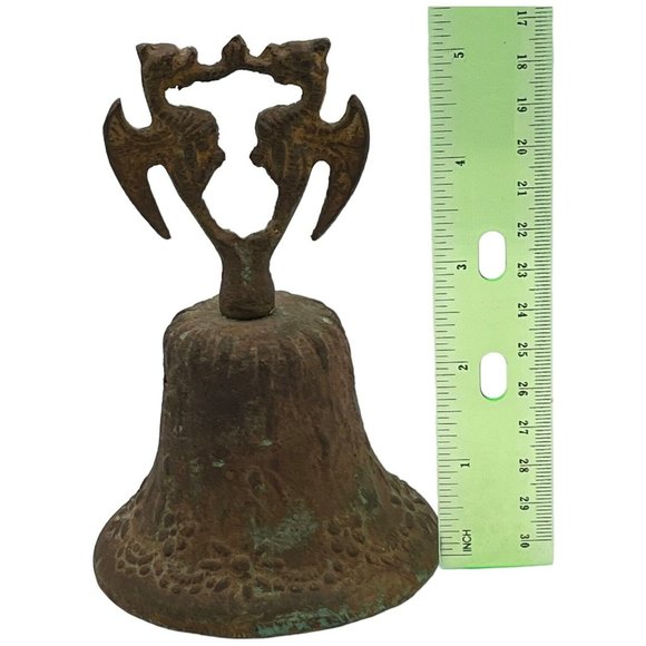 Vintage 5" X 3.5" Double Dragon Handle Bronze Bell Aged Verdigris Rust Set Prop - Picture 8 of 8